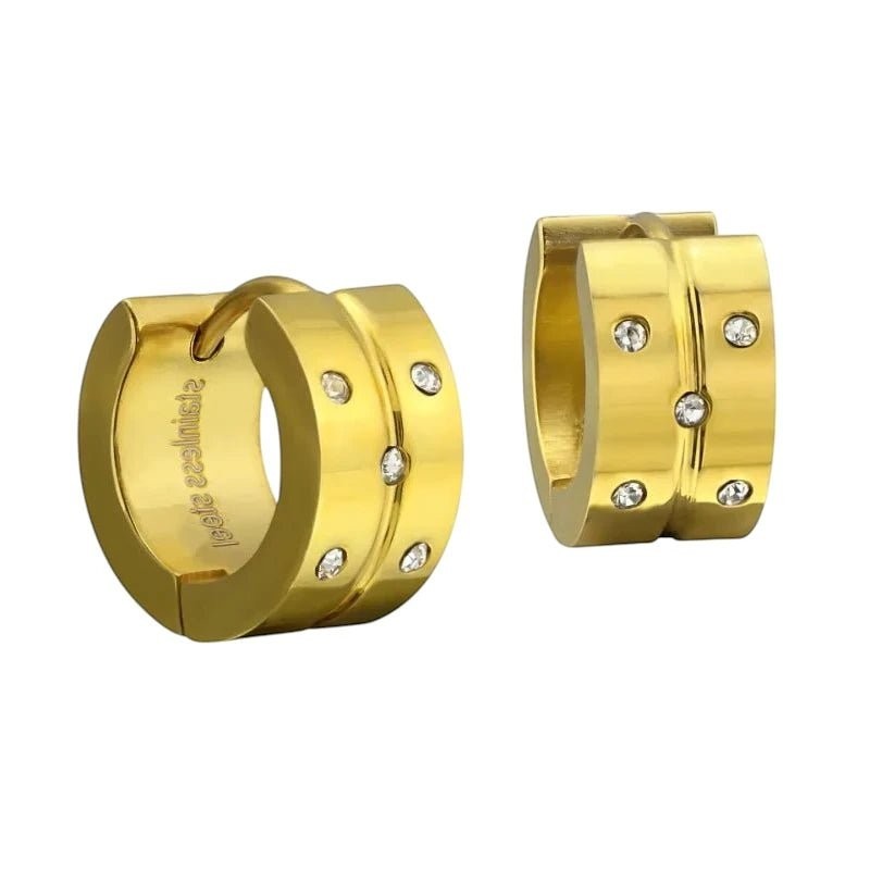 Aramat Jewels gold-colored stainless steel hoop earrings with 5 small cubic zirconia stones on each.