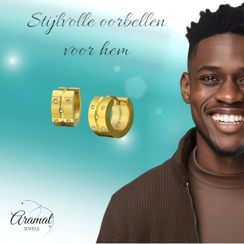Aramat Jewels gold-colored stainless steel hoop earrings with 5 clear cubic zirconia stones. Unisex design.