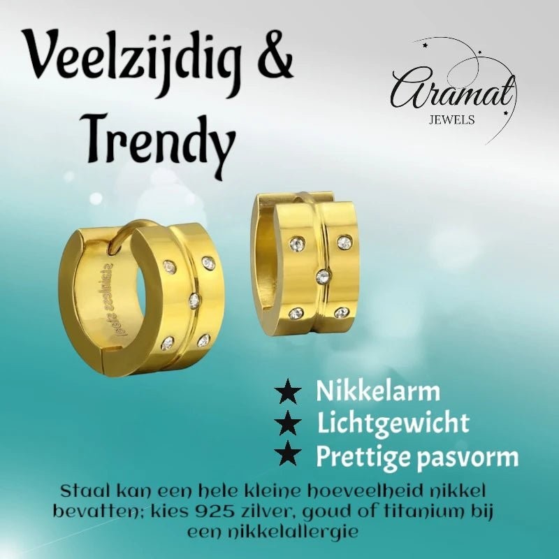Aramat Jewels gold-colored stainless steel hoop earrings with 5 small cubic zirconia stones. Click closure, 13x7mm.