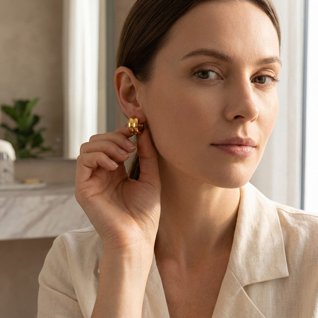 Aramat Jewels gold-colored stainless steel hoop earrings with a single stripe detail, 13mm diameter.