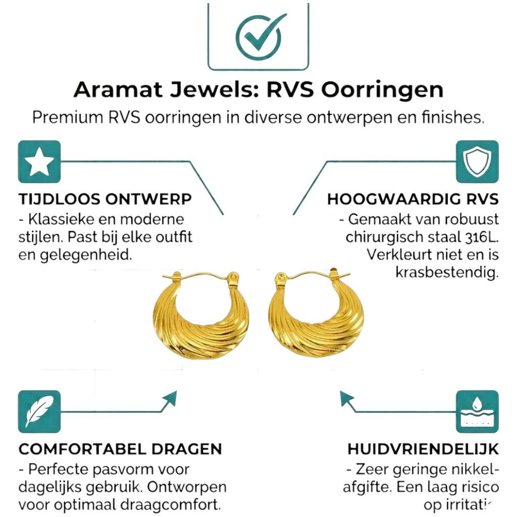 Aramat Jewels gold-colored stainless steel hoop earrings with a curved striped pattern, 20mm diameter.