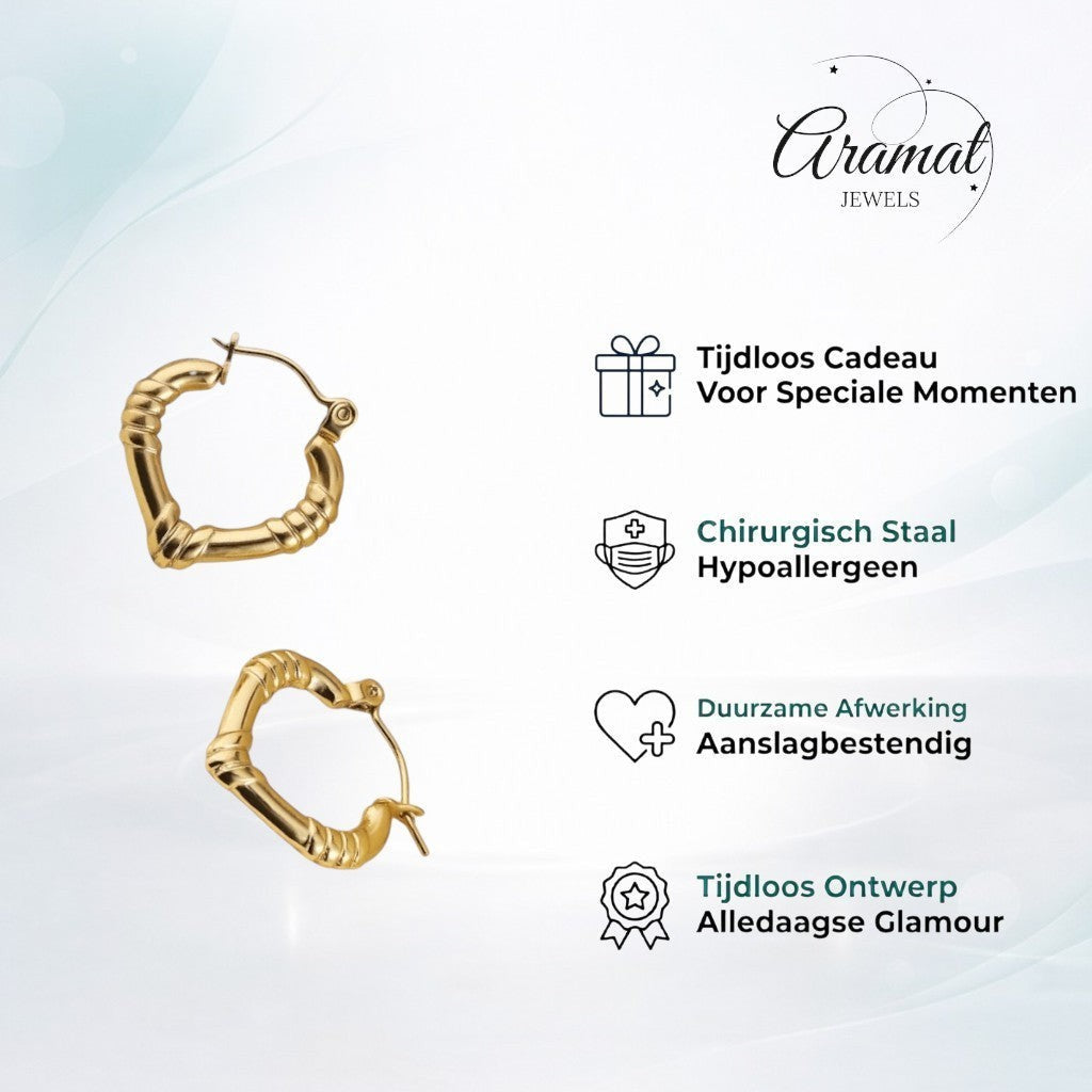 Aramat Jewels gold-colored stainless steel hoop earrings with a subtle striped pattern, 22x20mm.