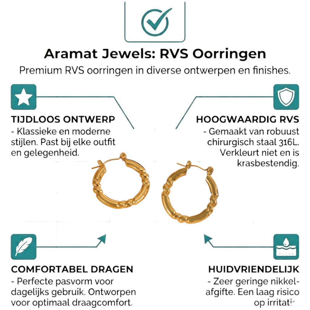 Aramat Jewels gold-colored stainless steel hoop earrings with a striped engraving, 26x25mm.