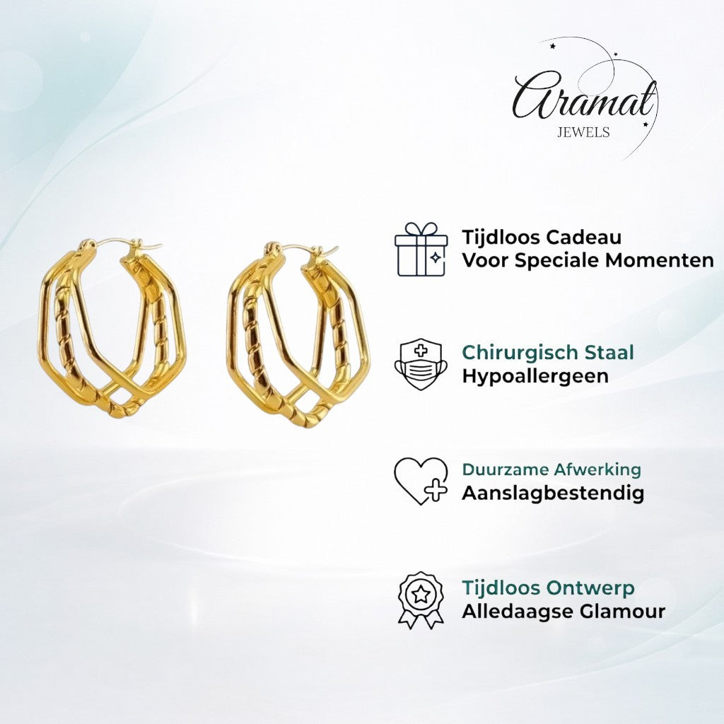 Aramat Jewels gold-tone stainless steel triple hoop earrings with a unique swirl design, 30x28mm.