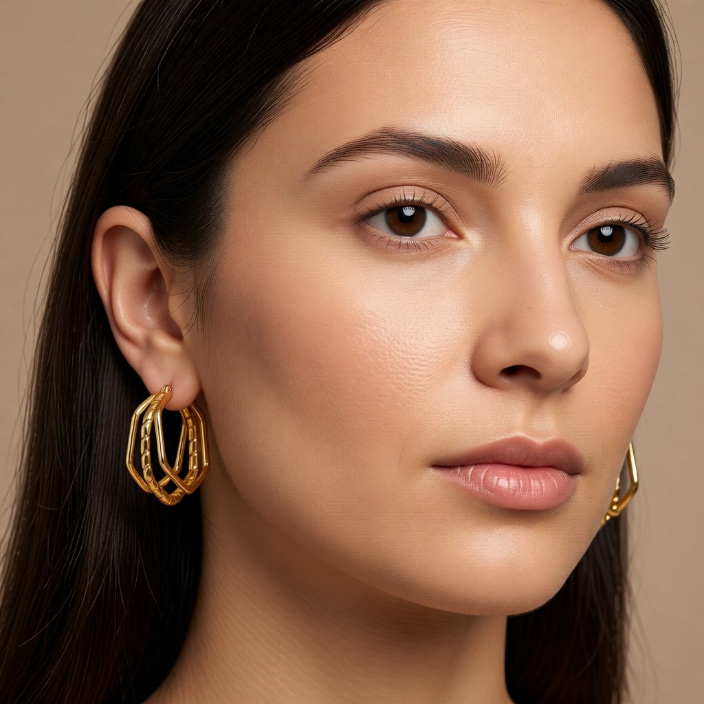 Aramat Jewels gold-tone triple hoop earrings with a swirl design, 30x28mm, made of stainless steel.