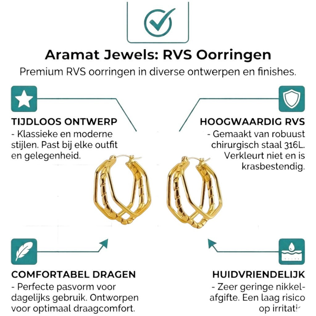 Aramat Jewels gold-tone stainless steel triple hoop earrings with a unique swirl design, 30x28mm.