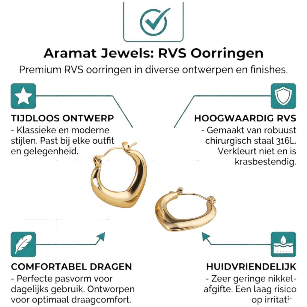 Aramat Jewels gold-tone stainless steel teardrop hoop earrings, 22mm, with a smooth, polished finish and hinge closure.