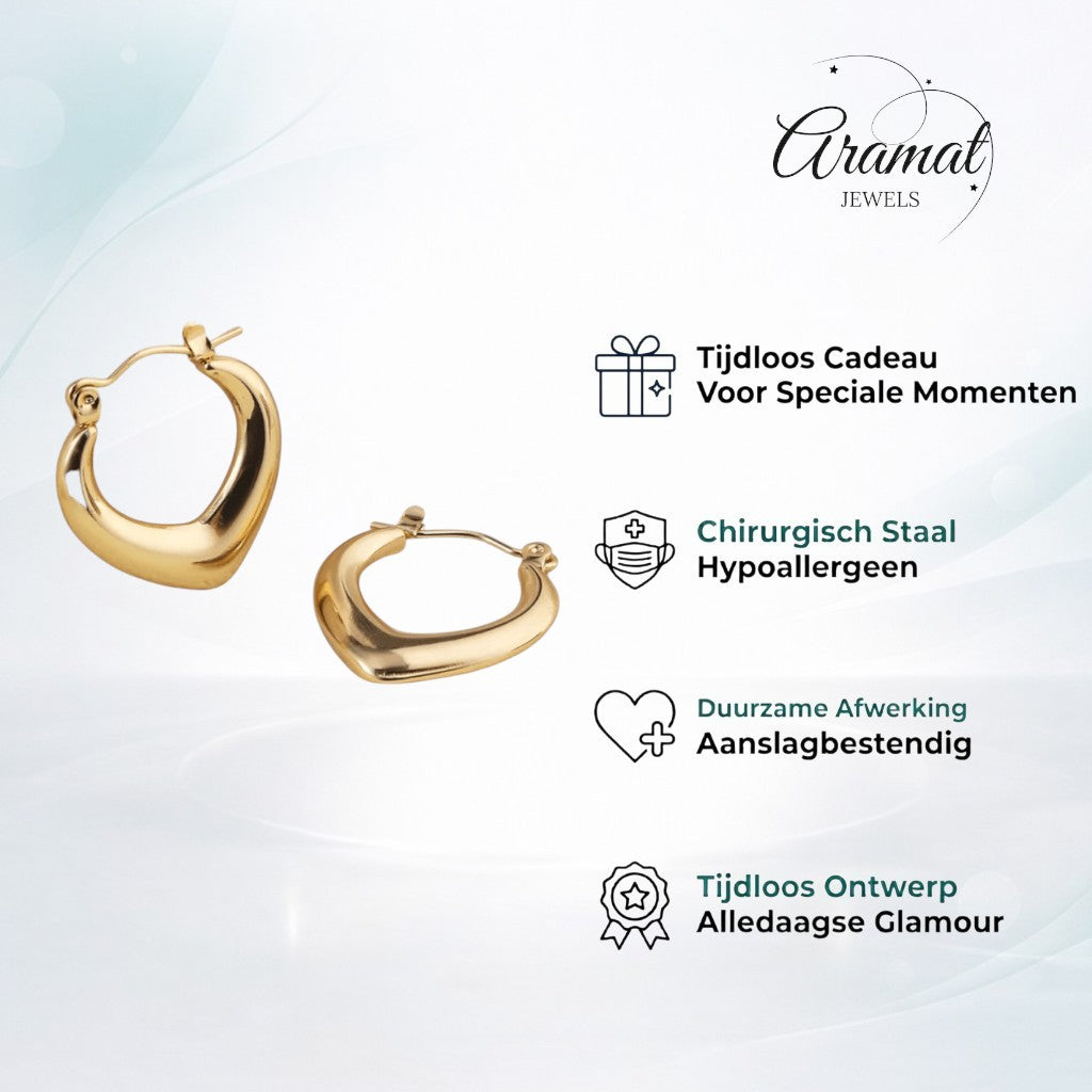 Aramat Jewels gold-tone stainless steel teardrop hoop earrings, 22mm, lightweight with a hinge closure.