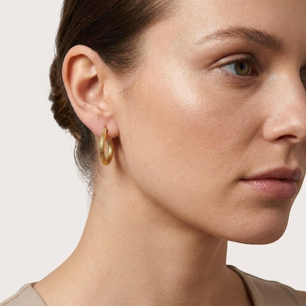 Aramat Jewels gold textured stainless steel hoop earrings, 22mm diameter, with a subtle diamond pattern.