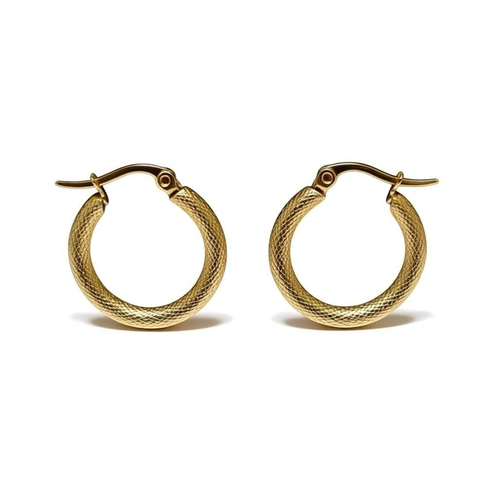 Aramat Jewels gold textured stainless steel hoop earrings, 22mm diameter, with a diamond-cut pattern and secure clasp.