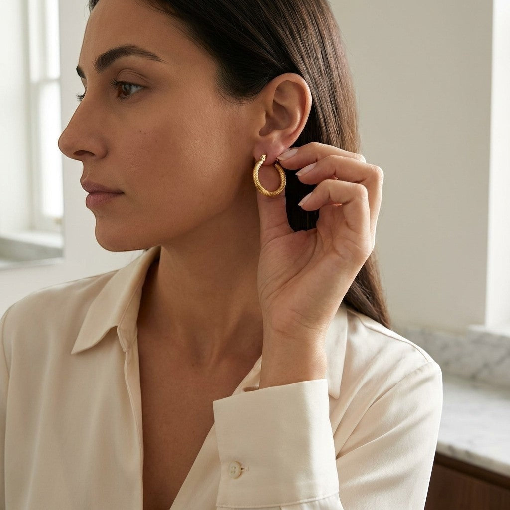 Aramat Jewels gold textured hoop earrings, 22mm diameter, made of stainless steel with a hinge closure.