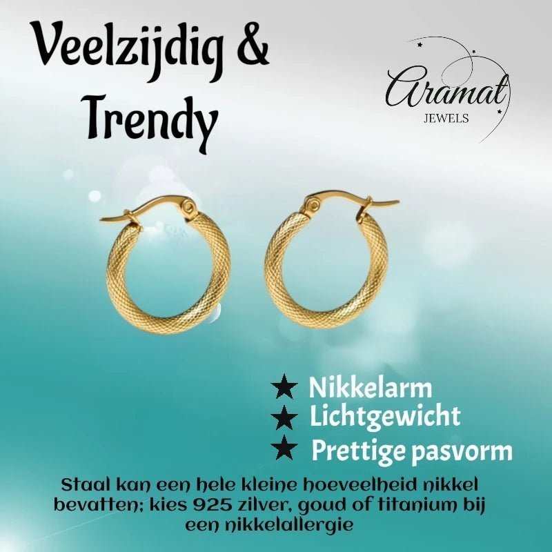 Aramat Jewels gold textured stainless steel hoop earrings, 22mm diameter, with a textured finish and secure clasp.
