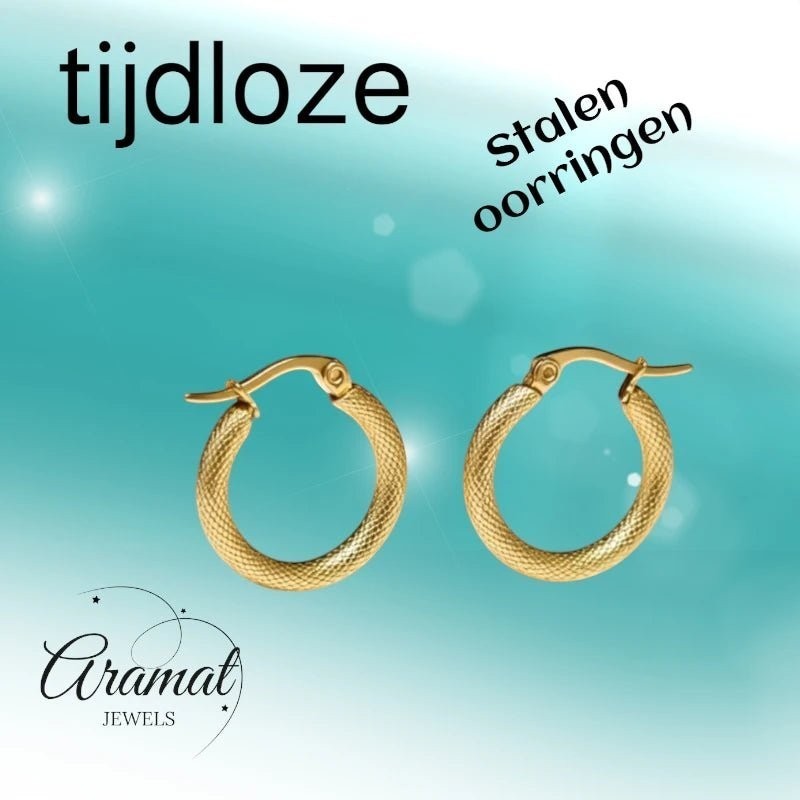 Aramat Jewels gold textured stainless steel hoop earrings, 22mm diameter, with a secure hinge clasp.