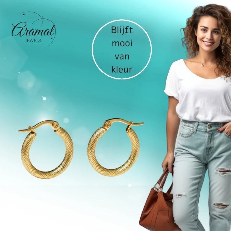 Aramat Jewels gold textured stainless steel hoop earrings, 22mm diameter, with a secure hinge clasp.