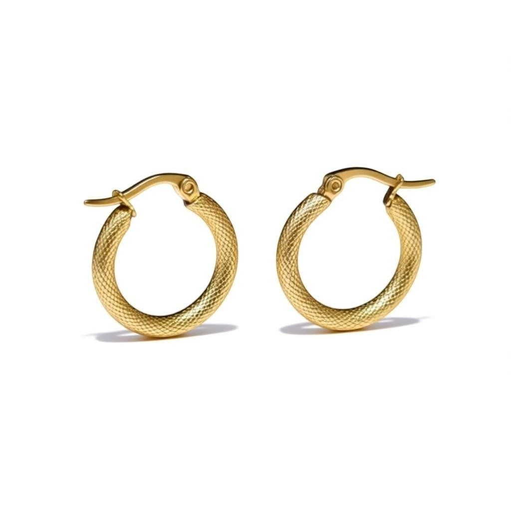Aramat Jewels gold textured stainless steel hoop earrings, 22mm diameter, with a secure hinge clasp.