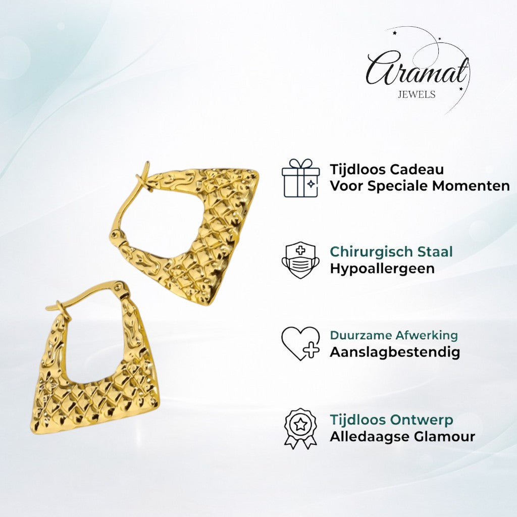 Aramat Jewels gold-tone stainless steel trapeze hoop earrings with a diamond pattern texture, 22mm.
