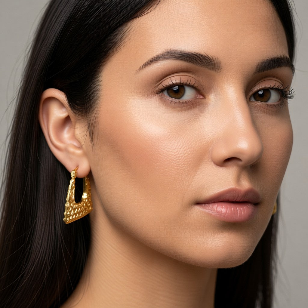 Aramat Jewels gold-tone stainless steel trapeze hoop earrings with a textured pattern, 22mm.