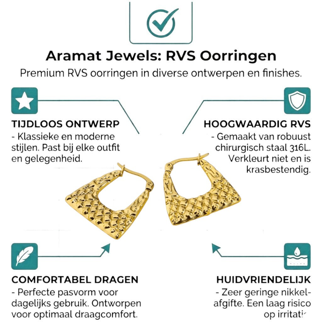 Aramat Jewels gold-tone stainless steel trapeze hoop earrings with a diamond pattern texture, 22mm.