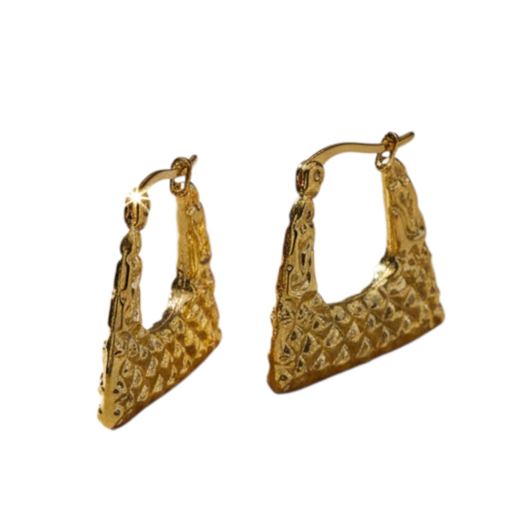 Aramat Jewels gold-tone stainless steel trapeze hoop earrings with textured surface, 22mm size.