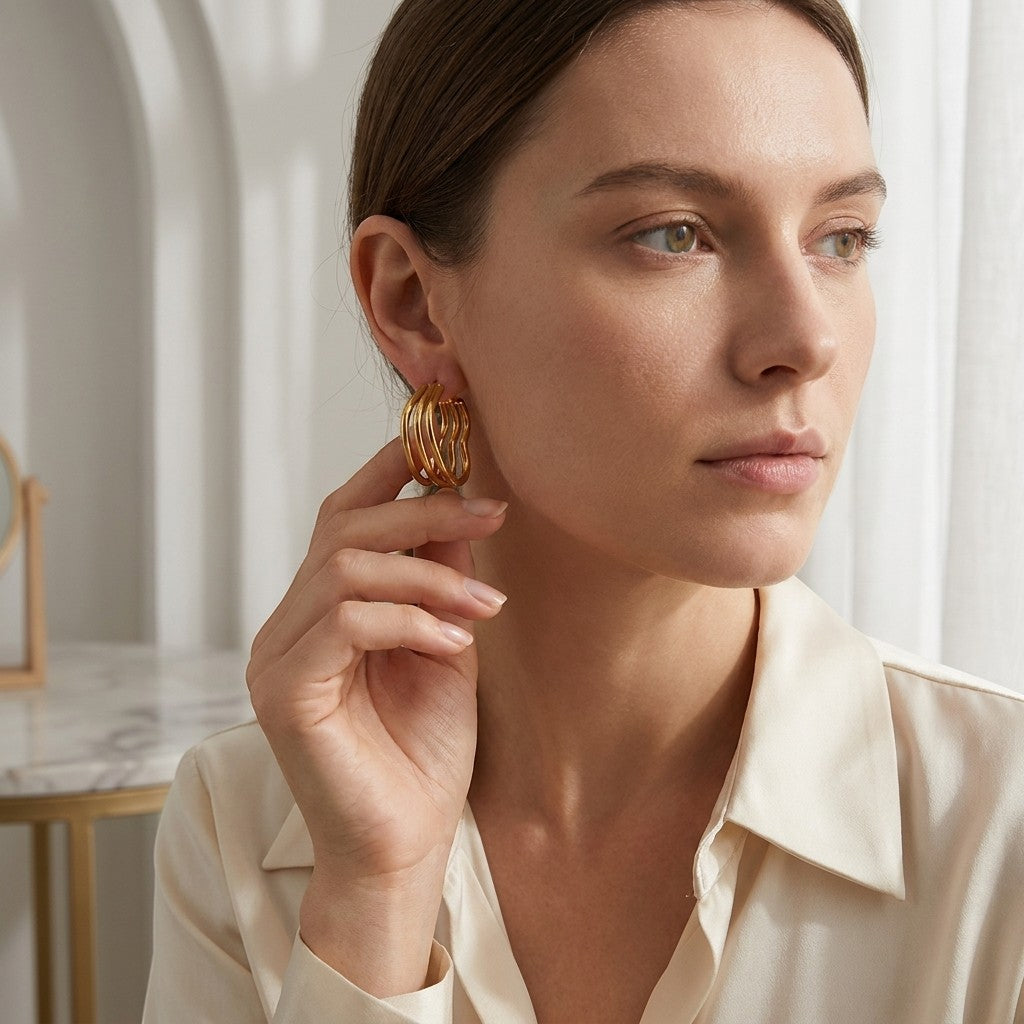 Aramat Jewels gold-tone triple heart hoop earrings, 25mm, made of stainless steel with a smooth finish and a comfortable hinge closure.
