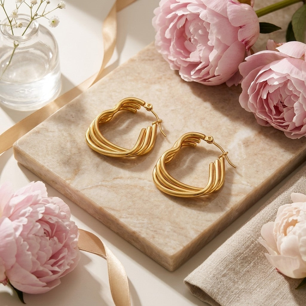 Aramat Jewels gold triple heart hoop earrings with a layered design, made of stainless steel.