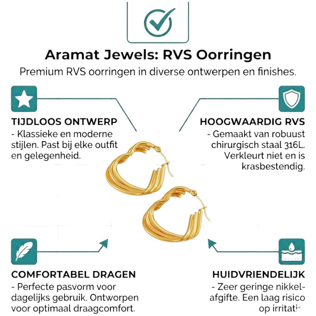 Aramat Jewels gold-tone stainless steel triple heart hoop earrings, 25mm. Features three intertwined rings forming a heart shape with a polished finish.