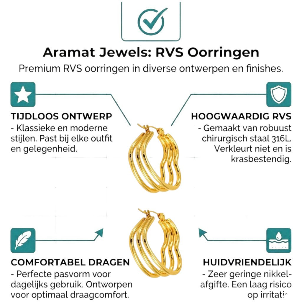Aramat Jewels gold-tone triple hoop earrings with a heart shape design, made of stainless steel.