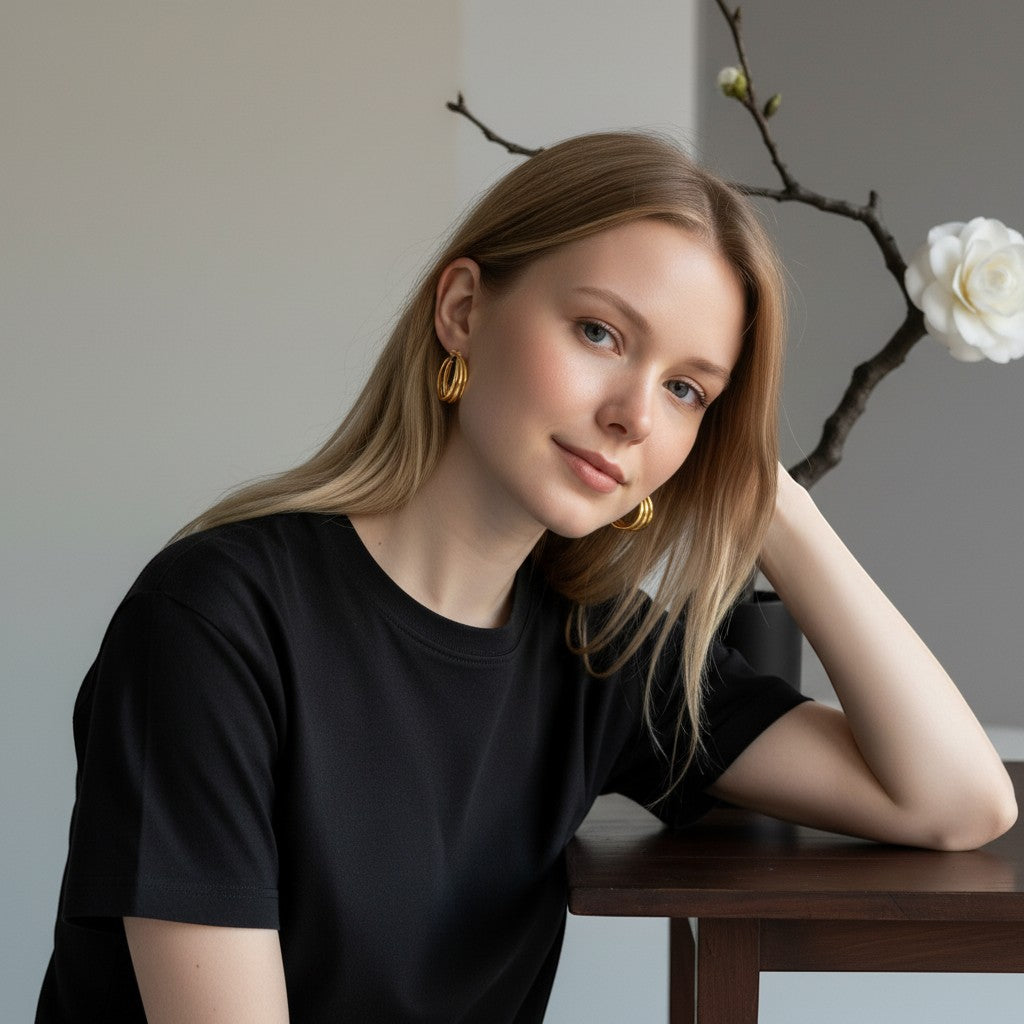 Aramat Jewels gold-tone stainless steel triple hoop earrings worn by a blonde woman with a black t-shirt.
