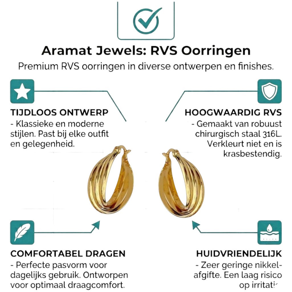 Aramat Jewels gold-colored triple hoop earrings with a twisted design and hinge closure, made of stainless steel.