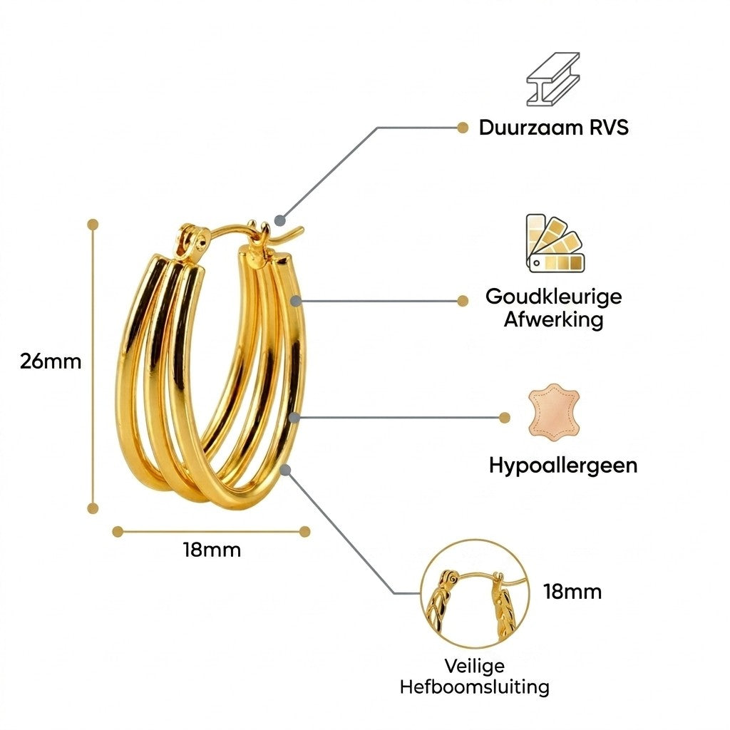 Aramat Jewels gold-colored oval triple hoop earrings, 26x18mm, made of durable stainless steel with a secure hinge clasp.