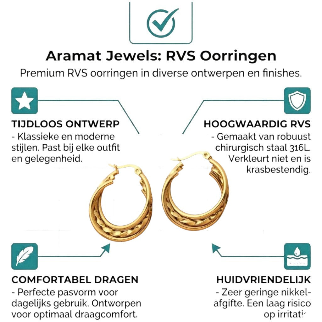 Aramat Jewels triple gold hoop earrings, 30x7.5mm, featuring two smooth rings and one twisted ring. Made of stainless steel.