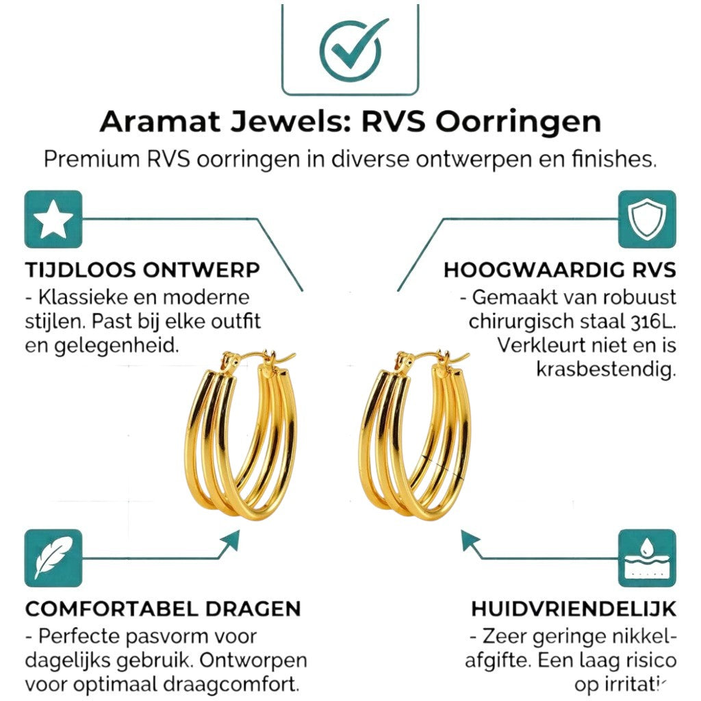Aramat Jewels gold oval triple hoop earrings, 26x18mm, made of stainless steel with an open design.