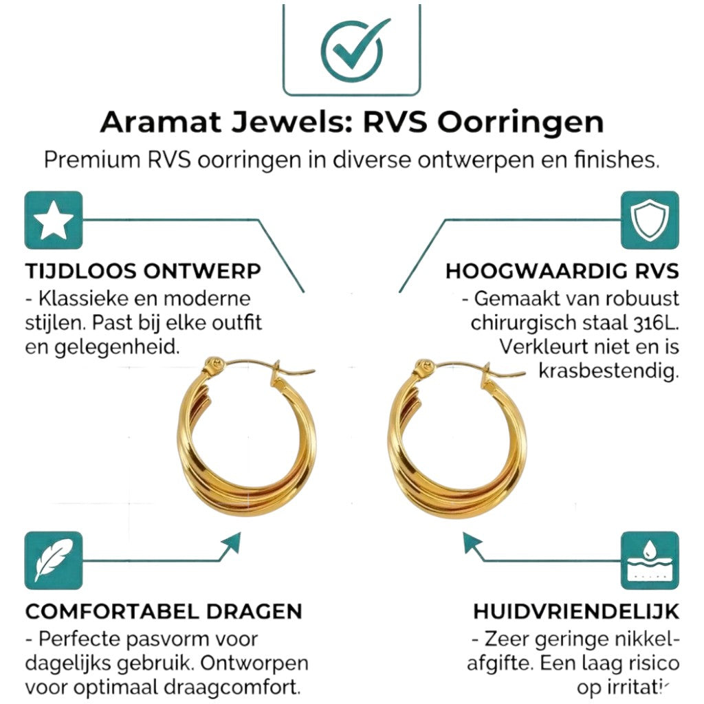 Aramat Jewels gold-tone stainless steel triple hoop earrings with a smooth design and hinge closure.