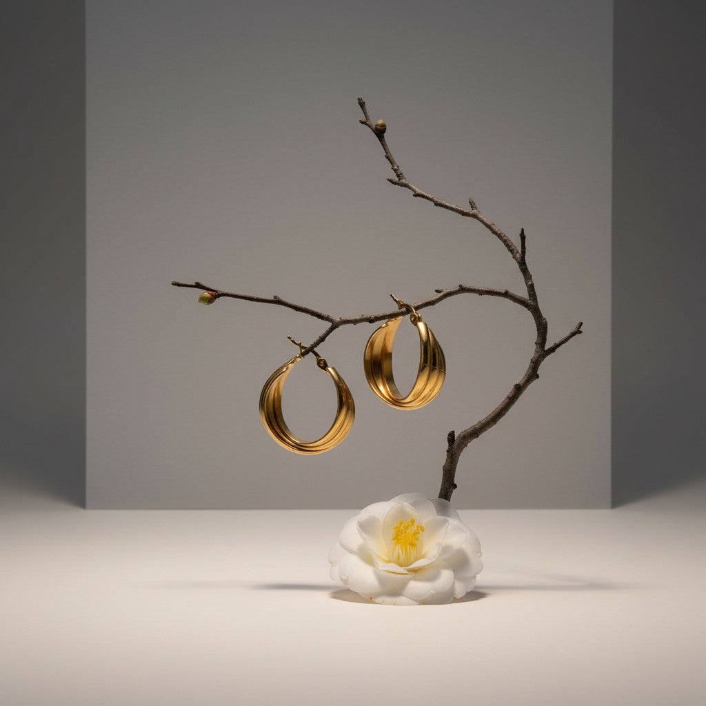 Aramat Jewels gold-tone stainless steel hoop earrings with a triple band design, 22mm diameter.
