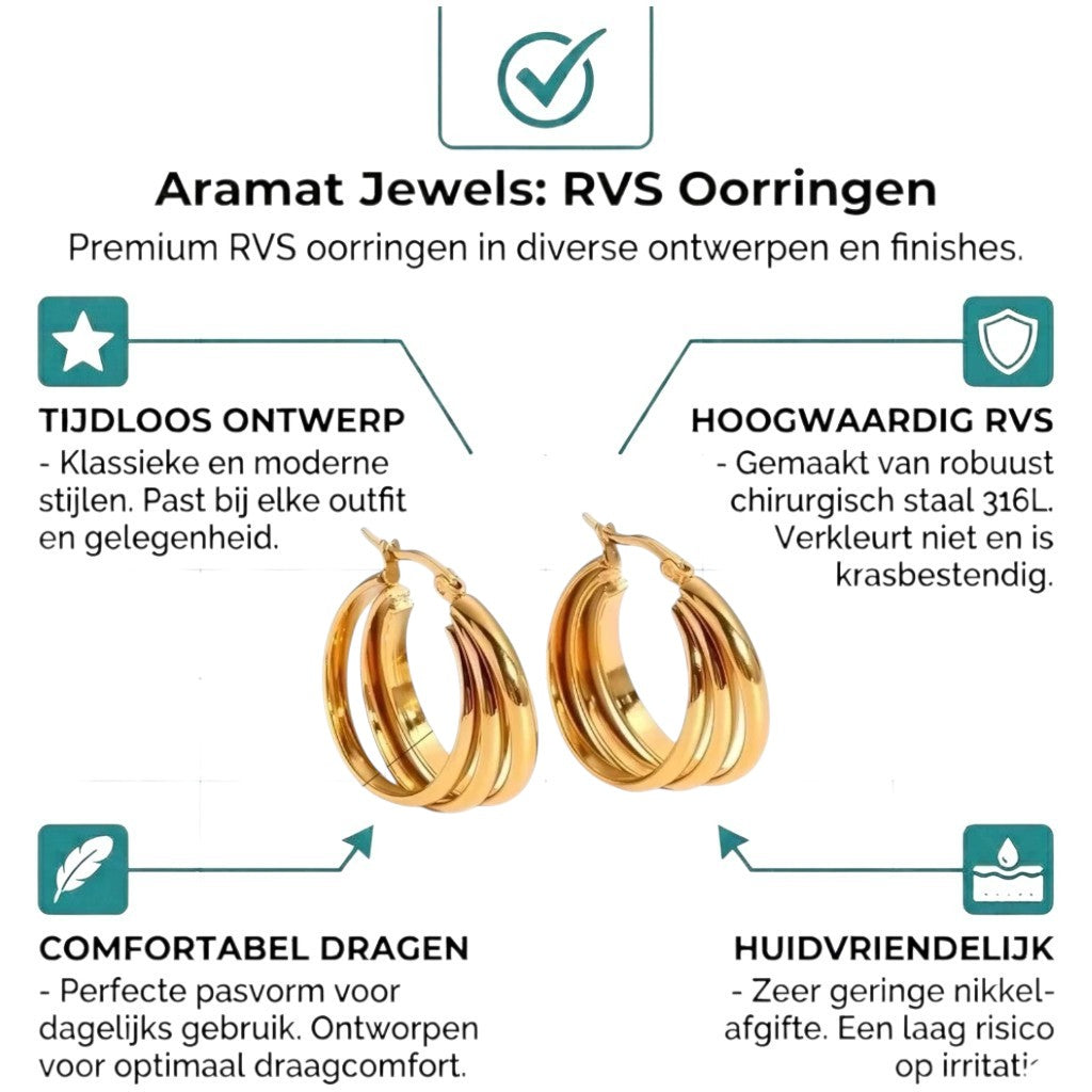 Aramat Jewels gold-colored triple hoop earrings made of stainless steel, 28mm diameter, with a 3-in-1 design.