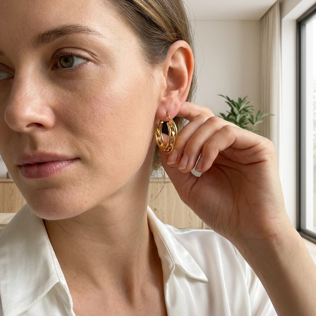 Aramat Jewels gold-tone stainless steel triple hoop earrings with a twisted design, worn by a woman.