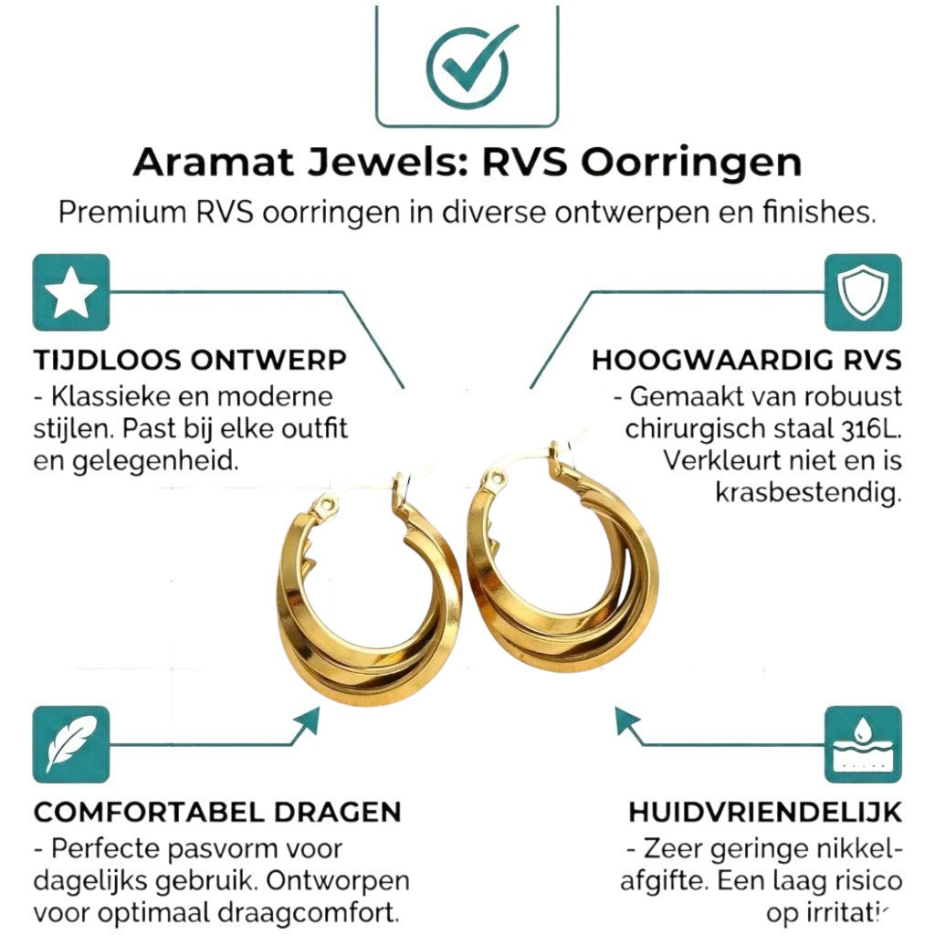 Aramat Jewels gold-tone stainless steel triple hoop earrings, 25x9mm, with a unique crossed design for a stacked look.