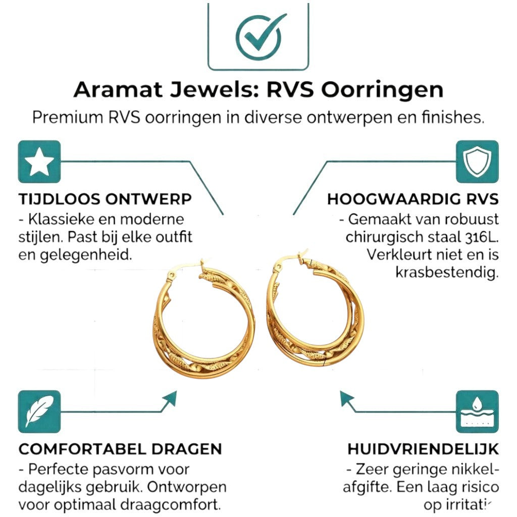 Aramat Jewels triple gold hoop earrings with a twisted textured inner ring, 30x7mm, made of stainless steel.