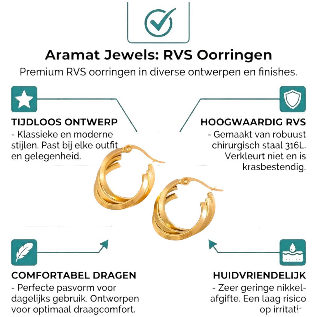 Aramat Jewels gold-coloured triple hoop earrings with a crossed design, 25x7mm, made of stainless steel.