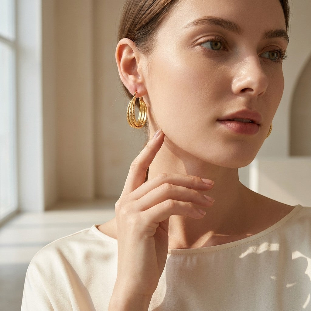 Aramat Jewels gold triple hoop earrings with a striped pattern, 20x7.5mm, worn by a model.