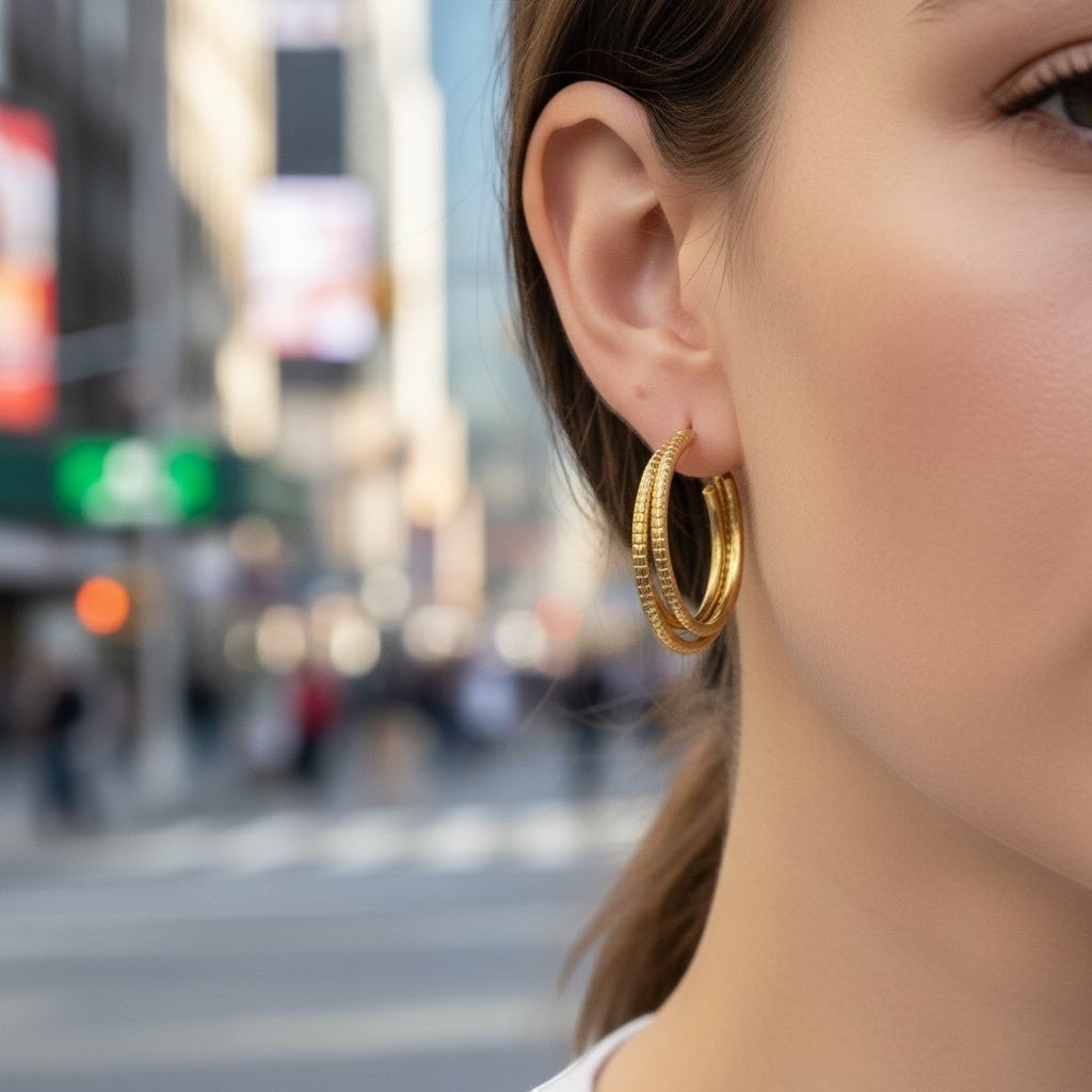 Aramat Jewels gold triple hoop earrings with a striped pattern, 25mm diameter, worn by a model.