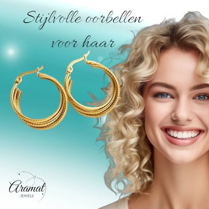 Aramat Jewels gold triple hoop earrings with striped texture, 25mm diameter, worn by a smiling blonde model.