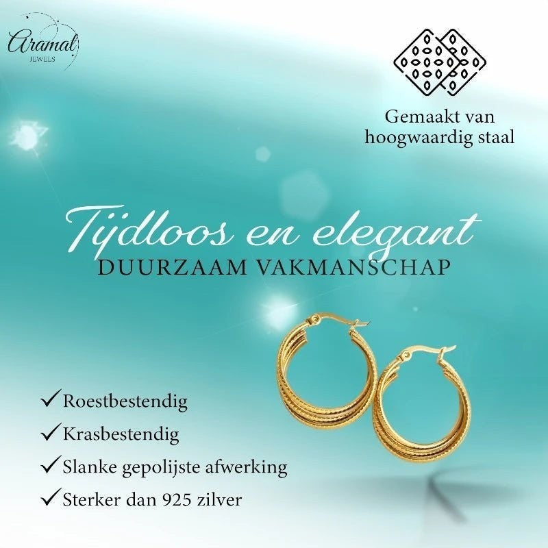 Aramat Jewels gold triple hoop earrings with striped texture, 25mm diameter, made of stainless steel.