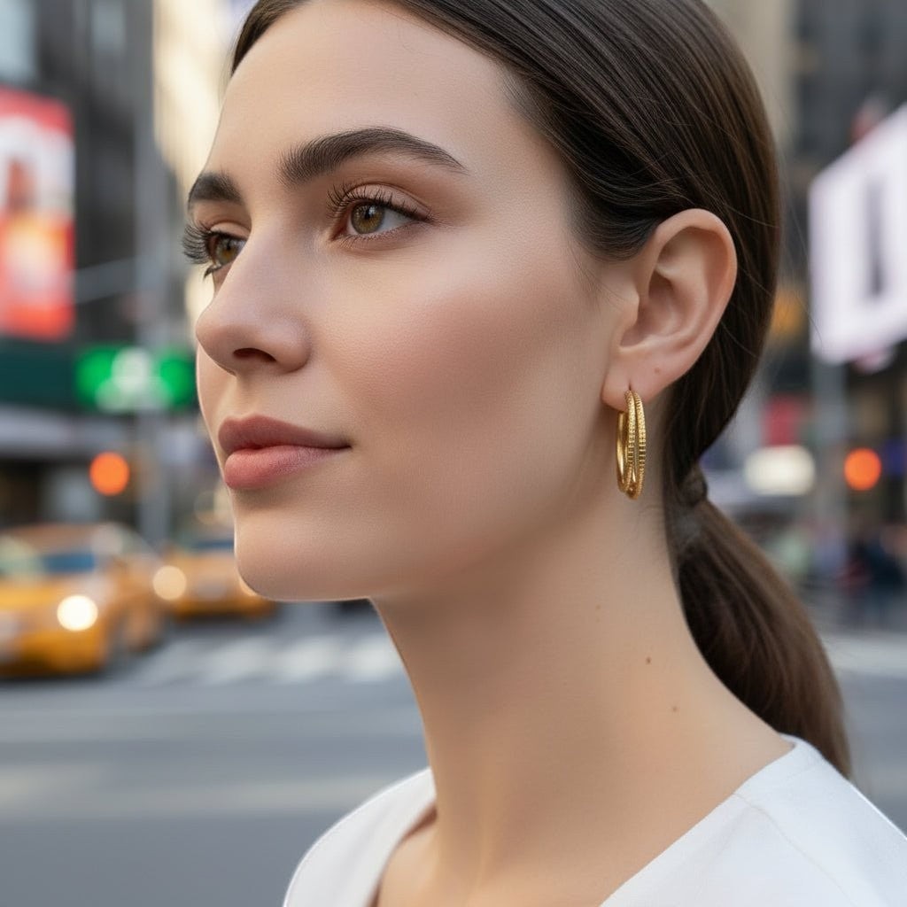Aramat Jewels gold triple hoop earrings with striped texture, 25mm diameter, worn by a woman in an urban setting.