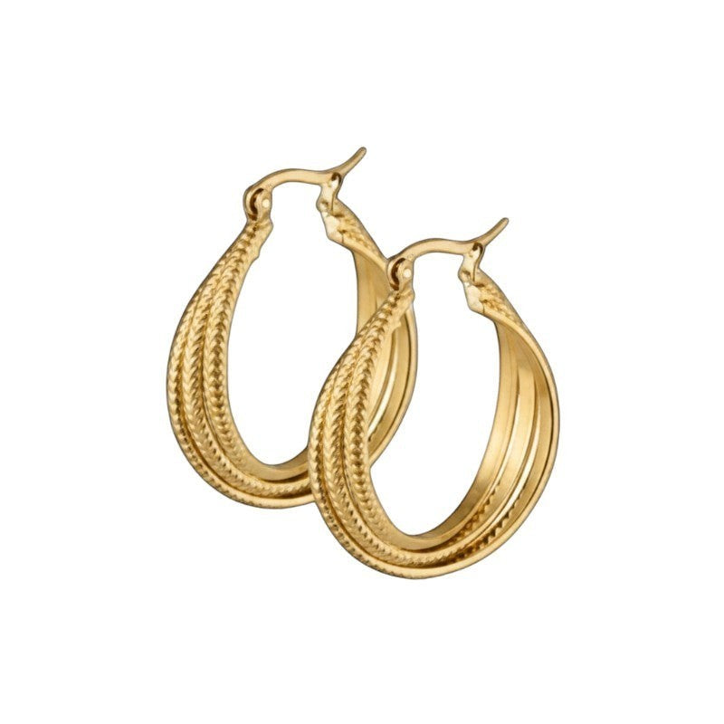 Aramat Jewels gold-tone stainless steel triple hoop earrings with a braided stripe pattern, 25mm diameter.