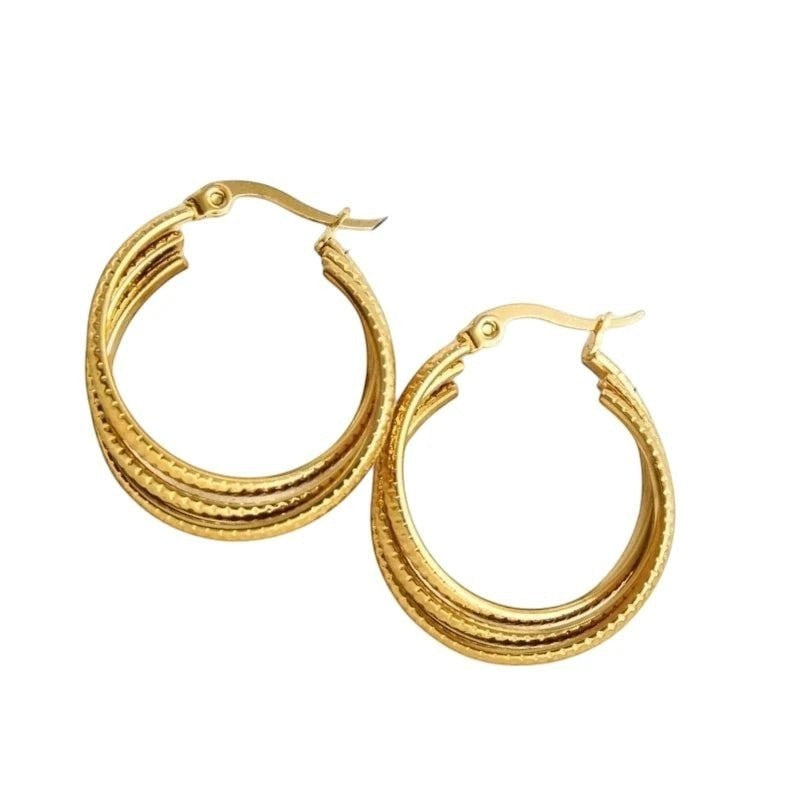 Aramat Jewels gold-tone stainless steel triple hoop earrings with a striped pattern, 25mm diameter.