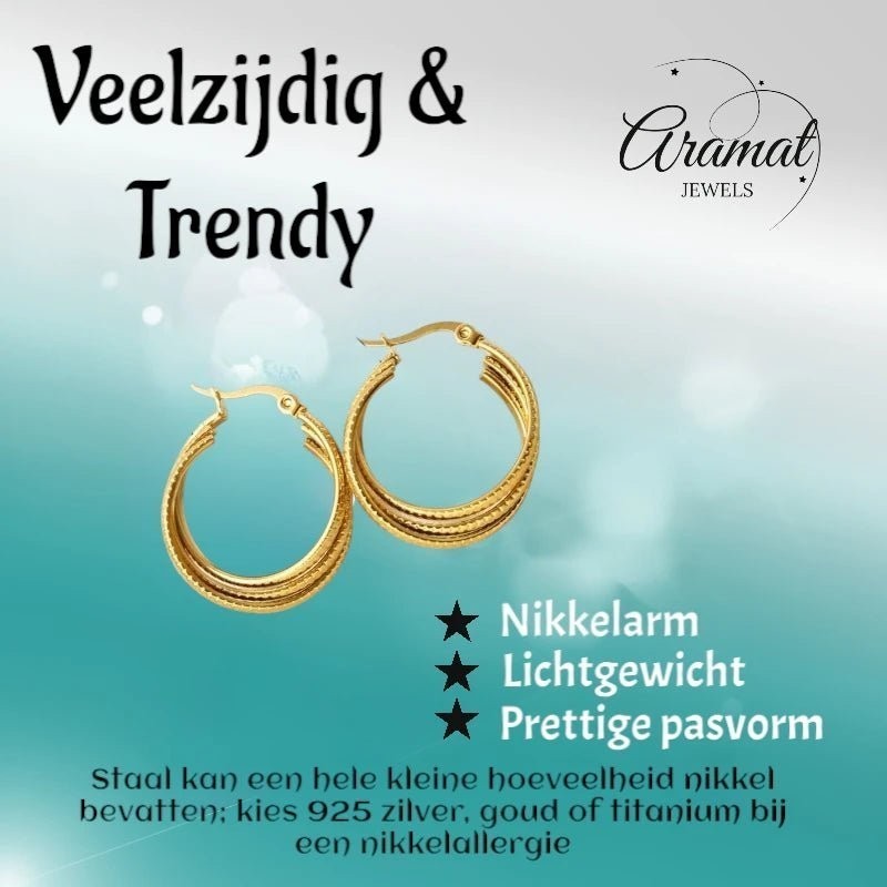 Aramat Jewels gold-tone stainless steel triple hoop earrings with a striped pattern, 25mm diameter.