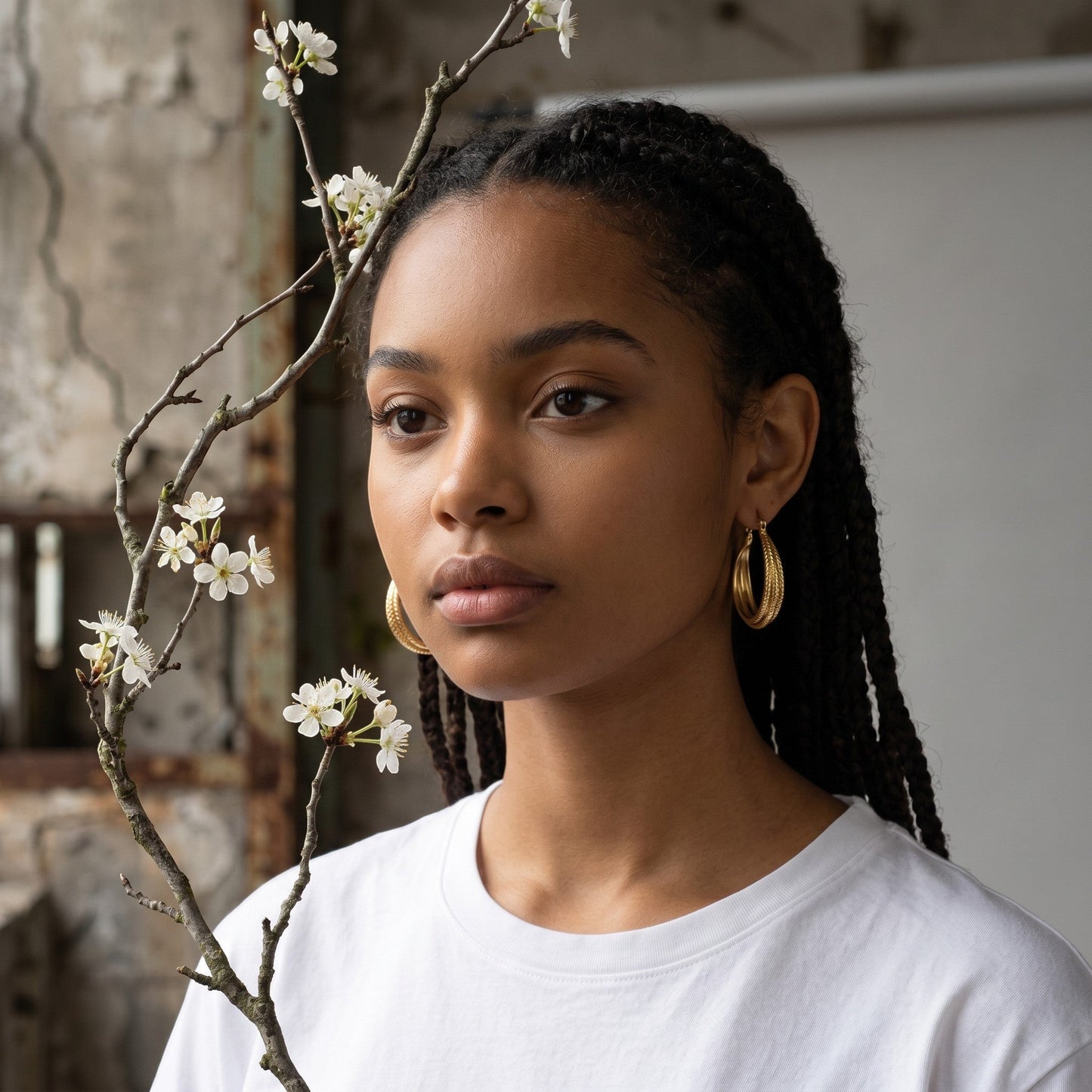 Aramat Jewels gold-tone triple hoop earrings with a striped pattern, worn by a young woman with braided hair.