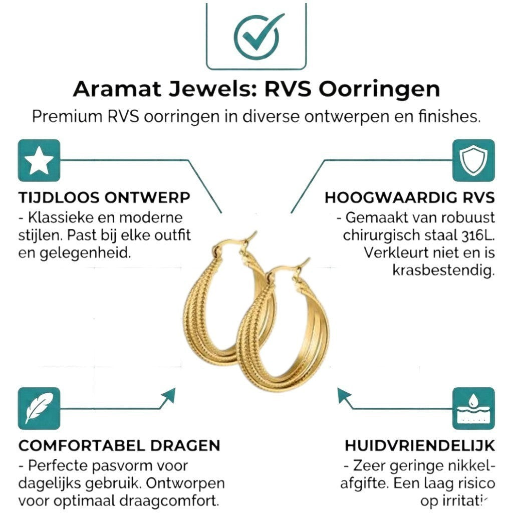 Aramat Jewels gold-colored triple hoop earrings with a striped pattern, made of stainless steel.