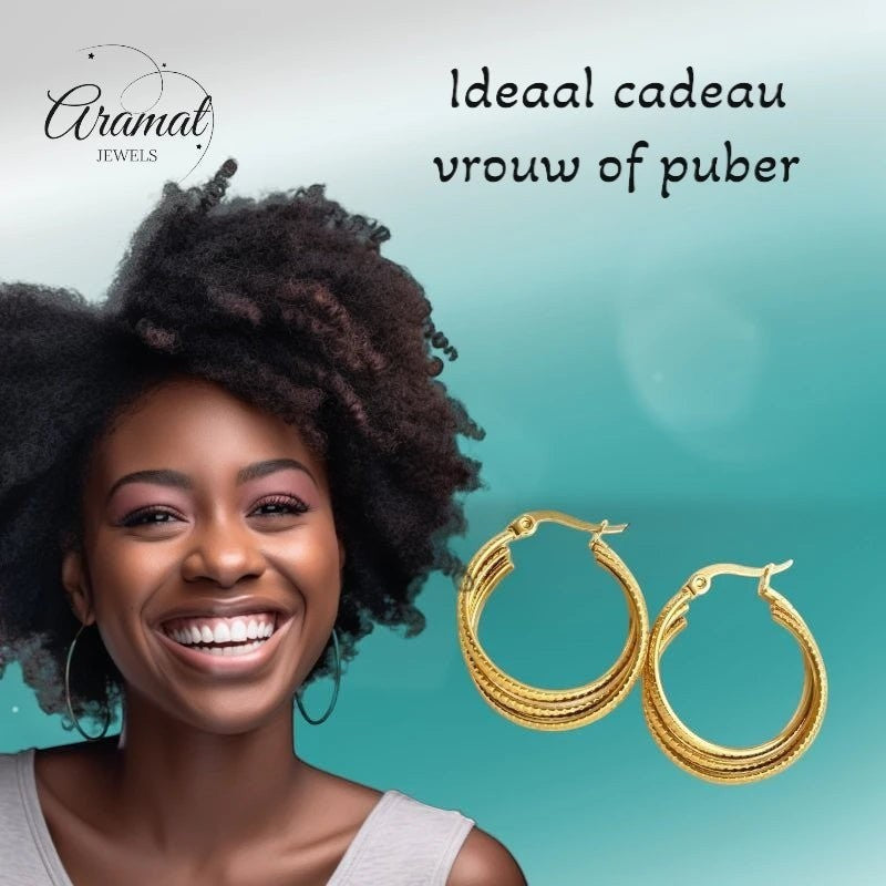 Aramat Jewels gold-tone triple hoop earrings with striped texture, 25mm diameter, on a smiling woman.